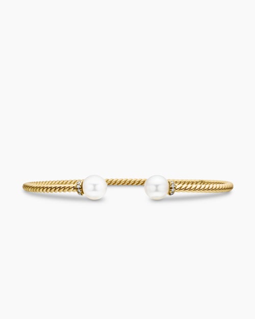Womens Solari Cablespira® Bracelet in 18K Yellow Gold with Pearls and Diamonds, 2.3mm