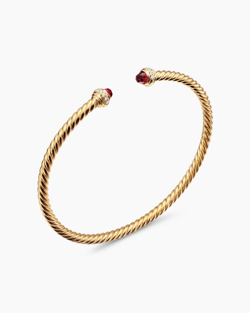 Womens Classic Cablespira® Bracelet in 18K Yellow Gold with Garnets and Diamonds, 3mm