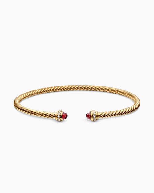 Womens Classic Cablespira® Bracelet in 18K Yellow Gold with Garnets and Diamonds, 3mm