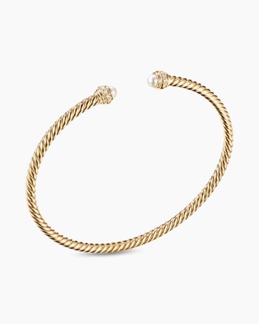 Classic Cablespira® Bracelet in 18K Yellow Gold with Pearls and Diamonds, 3mm