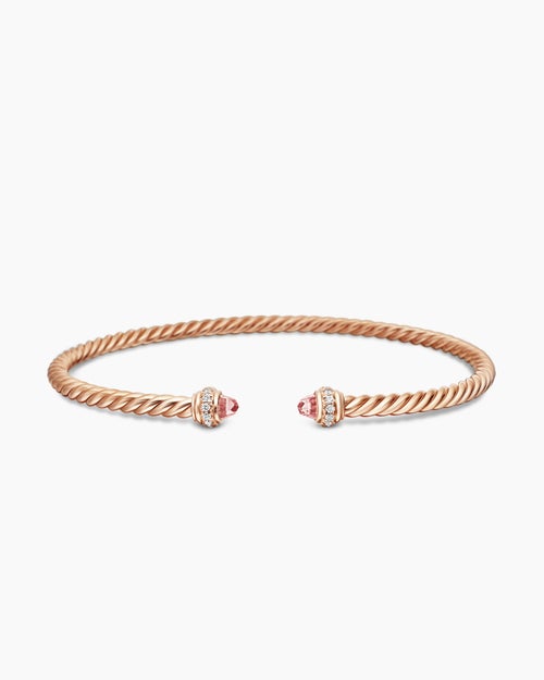 Womens Classic Cablespira® Bracelet in 18K Rose Gold with Morganite and Diamonds, 3mm