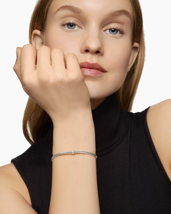 Classic Cablespira Station Bracelet in 18K White Gold with Diamonds, 3mm