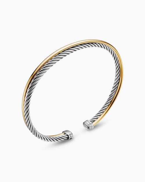 Womens Crossover Bracelet in Sterling Silver with 18K Yellow Gold, 3mm