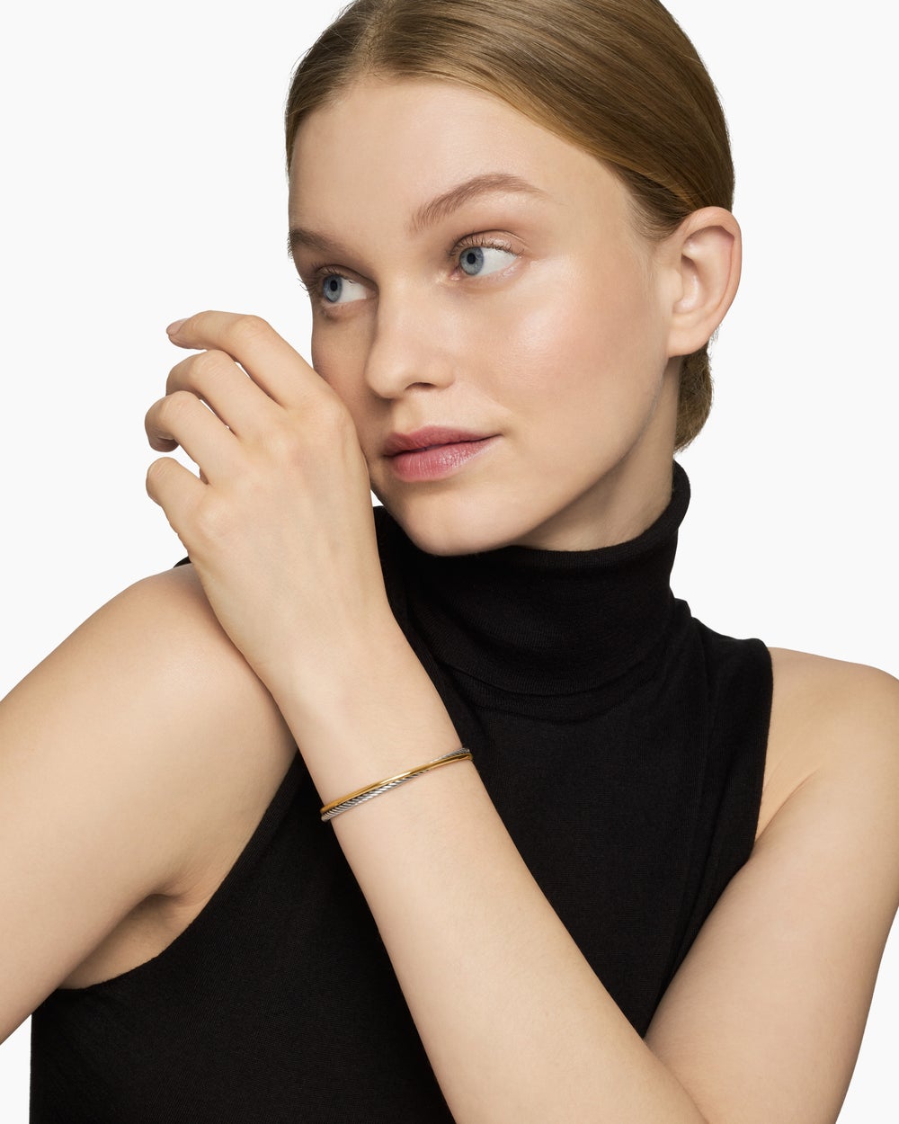 Womens Crossover Bracelet in Sterling Silver with 18K Yellow Gold, 3mm