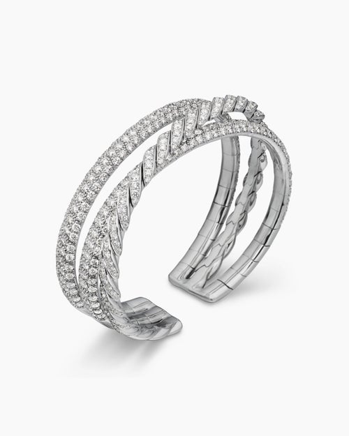 Womens Sculpted Cable Flex Three Row Bracelet in 18K White Gold with Diamonds, 18.5mm