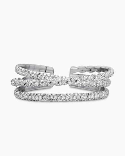 Womens Sculpted Cable Flex Three Row Bracelet in 18K White Gold with Diamonds, 18.5mm