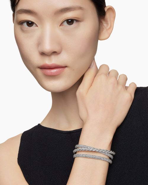 Womens Sculpted Cable Flex Three Row Bracelet in 18K White Gold with Diamonds, 18.5mm