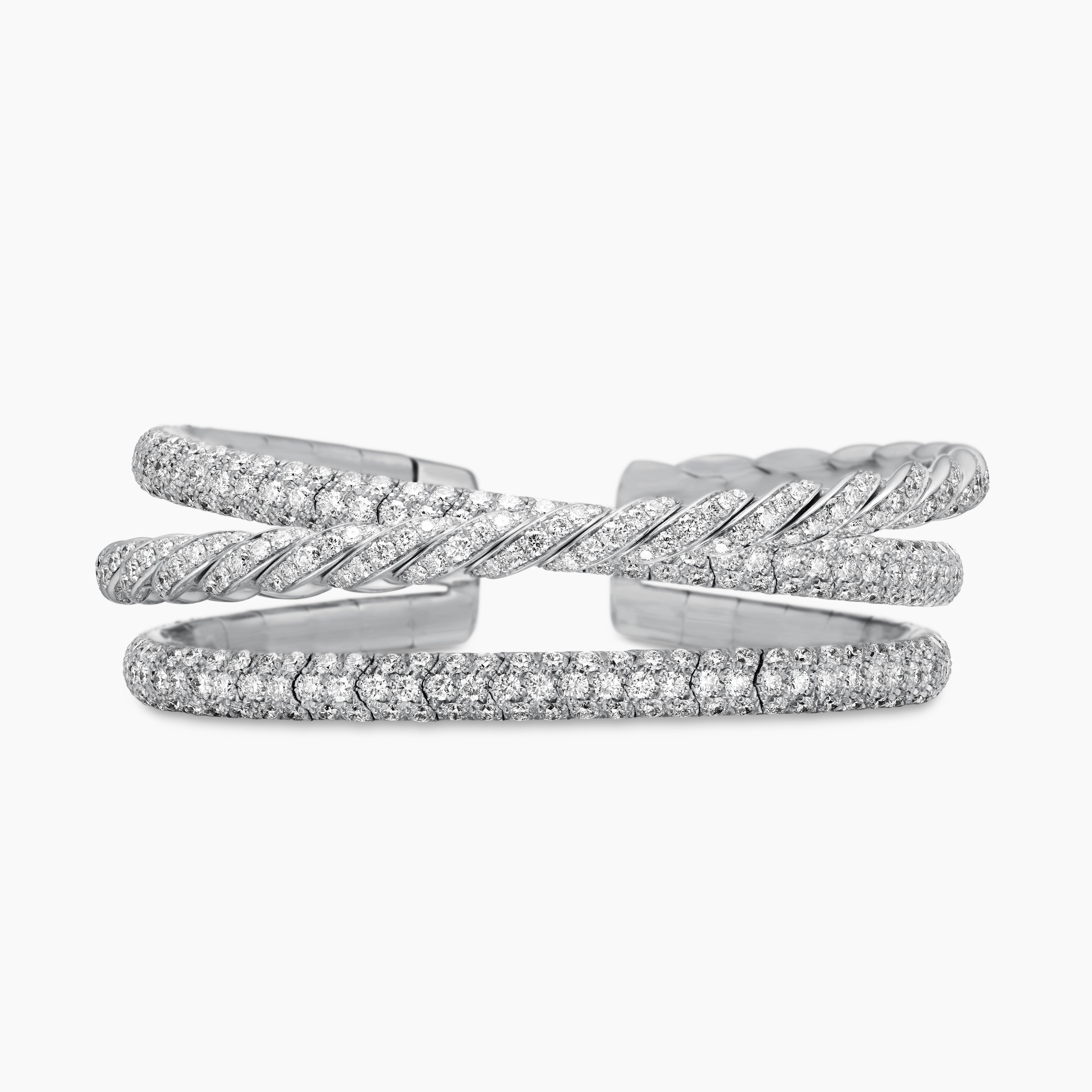 Womens Sculpted Cable Flex Three Row Bracelet in 18K White Gold with Diamonds, 18.5mm