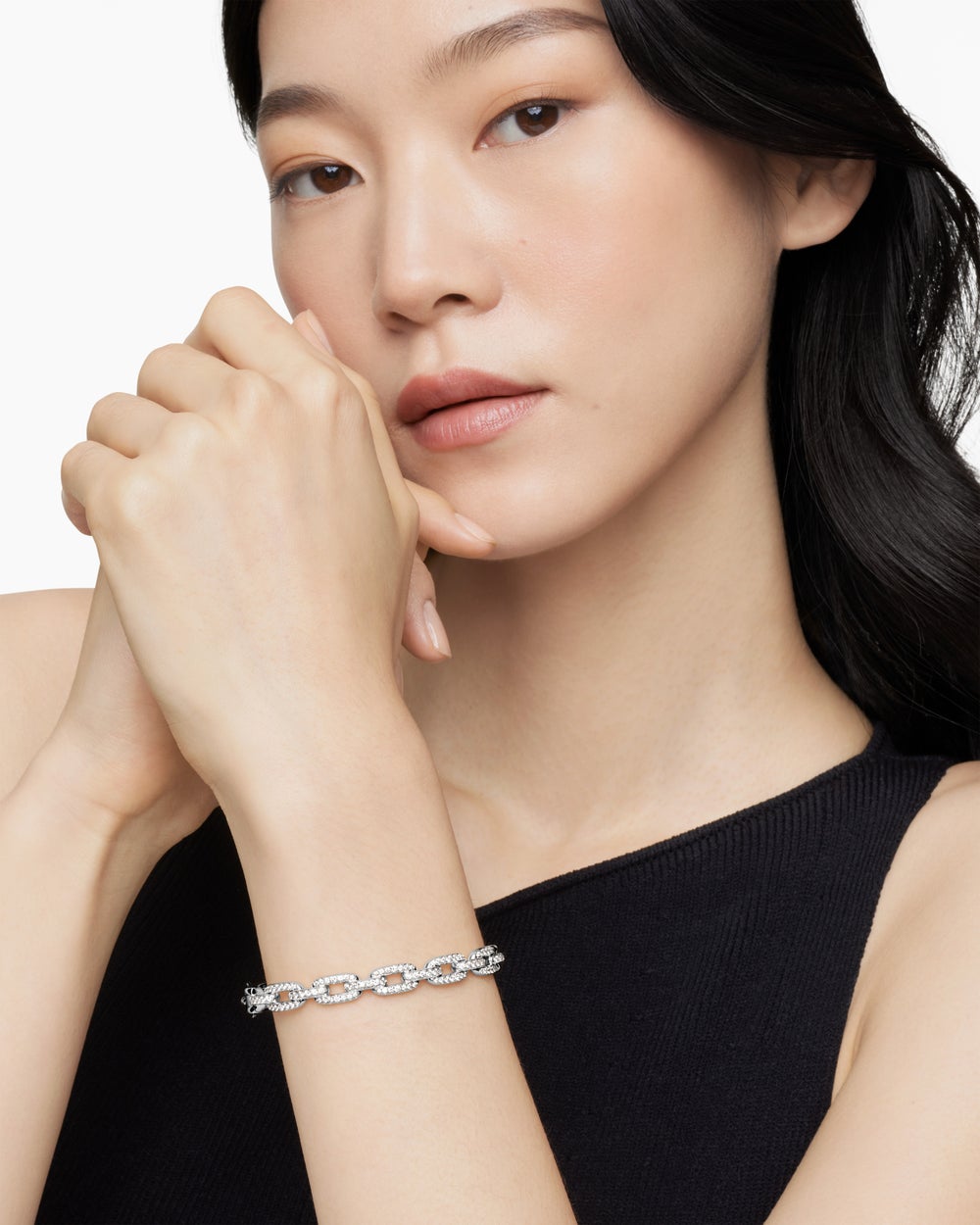 Womens Stax Chain Link Bracelet in 18K White Gold with Diamonds, 7mm
