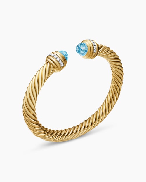 Womens Classic Cablespira® Bracelet in 18K Yellow Gold with Blue Topaz and Diamonds, 7mm
