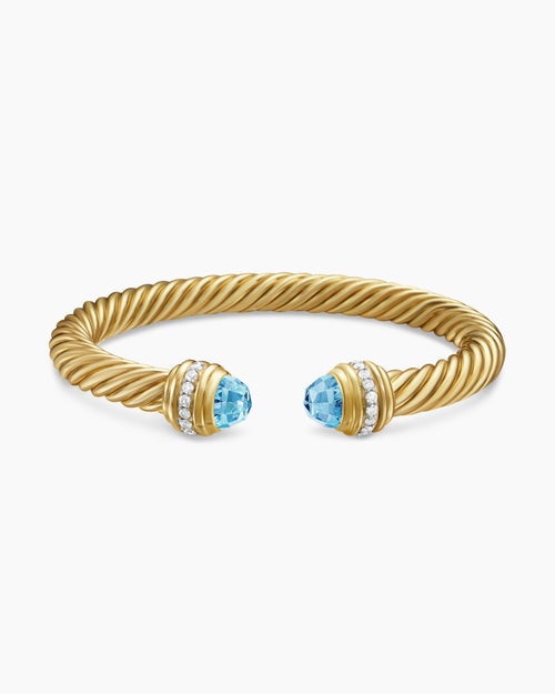 Womens Classic Cablespira® Bracelet in 18K Yellow Gold with Blue Topaz and Diamonds, 7mm