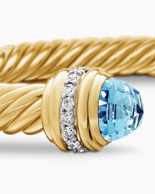 Womens Classic Cablespira® Bracelet in 18K Yellow Gold with Blue Topaz and Diamonds, 7mm