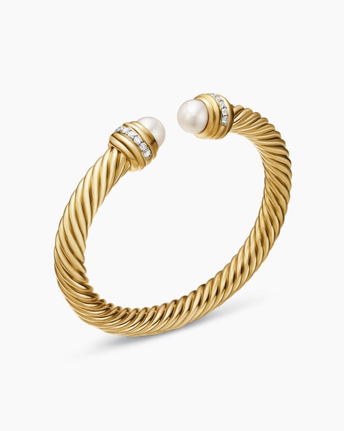 Womens Classic Cablespira® Bracelet in 18ct Yellow Gold with Pearls and Diamonds, 7mm