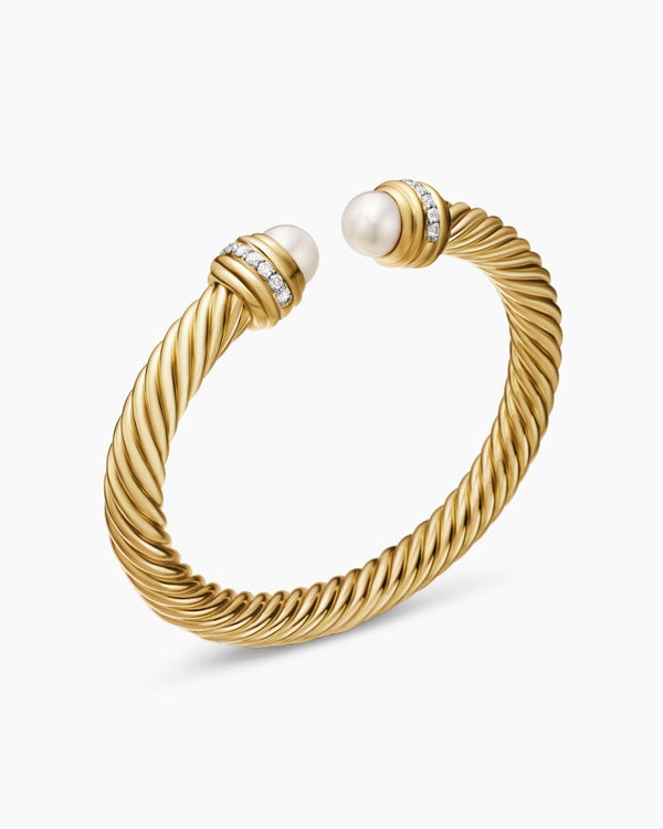 Classic Cablespira® Bracelet in 18K Yellow Gold with Pearls and Diamonds, 7mm