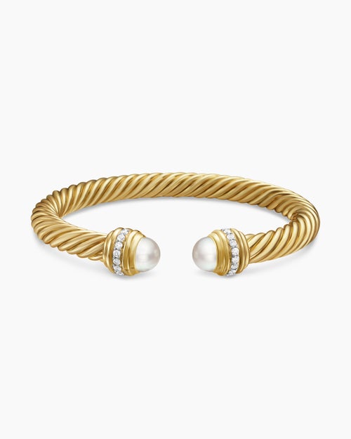 Womens Classic Cablespira® Bracelet in 18ct Yellow Gold with Pearls and Diamonds, 7mm