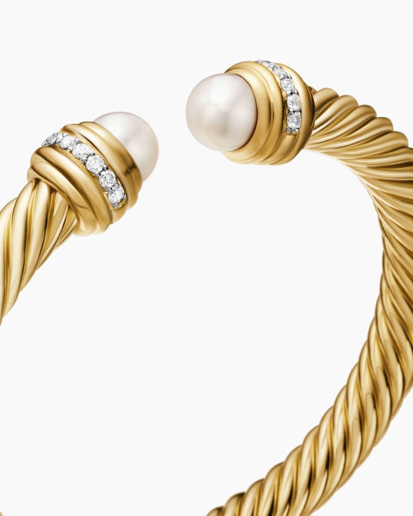 Classic Cablespira® Bracelet in 18K Yellow Gold with Pearls and Diamonds, 7mm