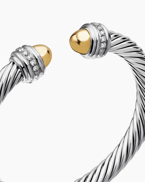 Womens Classic Cable Bracelet in Sterling Silver with 14K Yellow Gold and Diamonds, 7mm