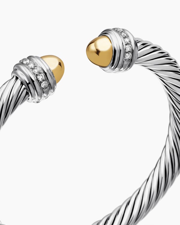 Classic Cable Bracelet in Sterling Silver with 14K Yellow Gold and Diamonds, 7mm