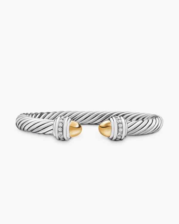 Classic Cable Bracelet in Sterling Silver with 14K Yellow Gold and Diamonds, 7mm