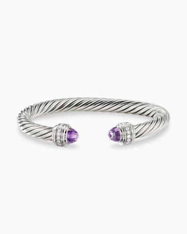 Classic Cable Bracelet in Sterling Silver with Amethyst and Diamonds, 7mm