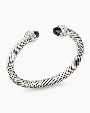 Classic Cable Bracelet in Sterling Silver with Black Onyx and Diamonds, 7mm