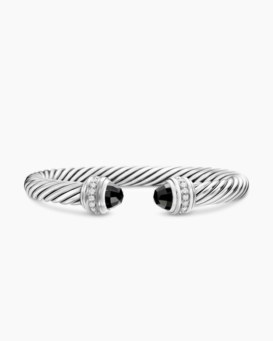 Classic Cable Bracelet in Sterling Silver with Black Onyx and Diamonds, 7mm