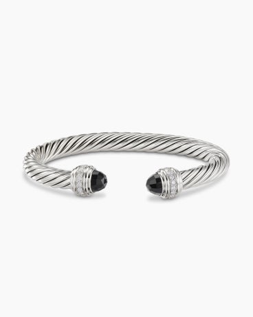 Bracelet « Cable » classique en argent massif avec onyx noir et diamants, 7 mm