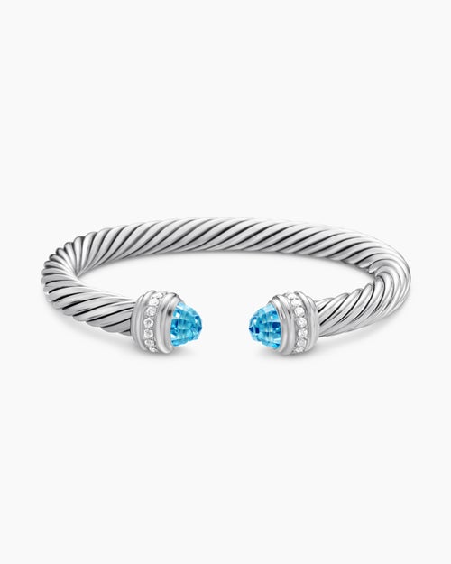 Womens Classic Cable Bracelet in Sterling Silver with Diamonds, 7mm