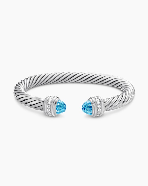 Classic Cable Bracelet in Sterling Silver with Diamonds, 7mm