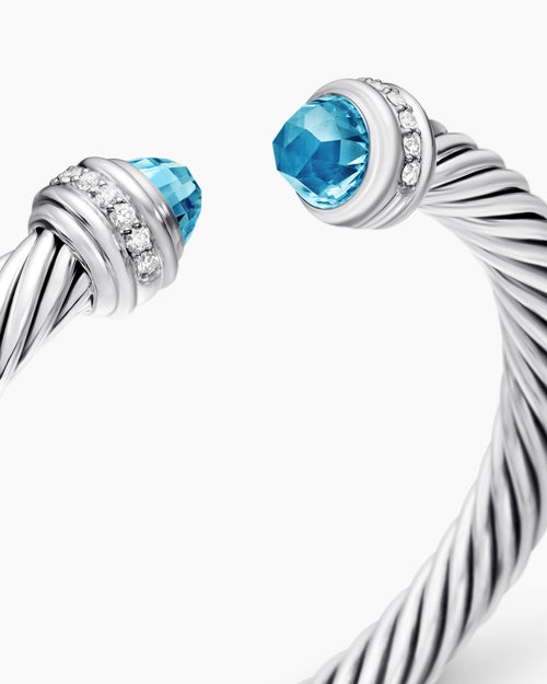 Womens Classic Cable Bracelet in Sterling Silver with Diamonds, 7mm