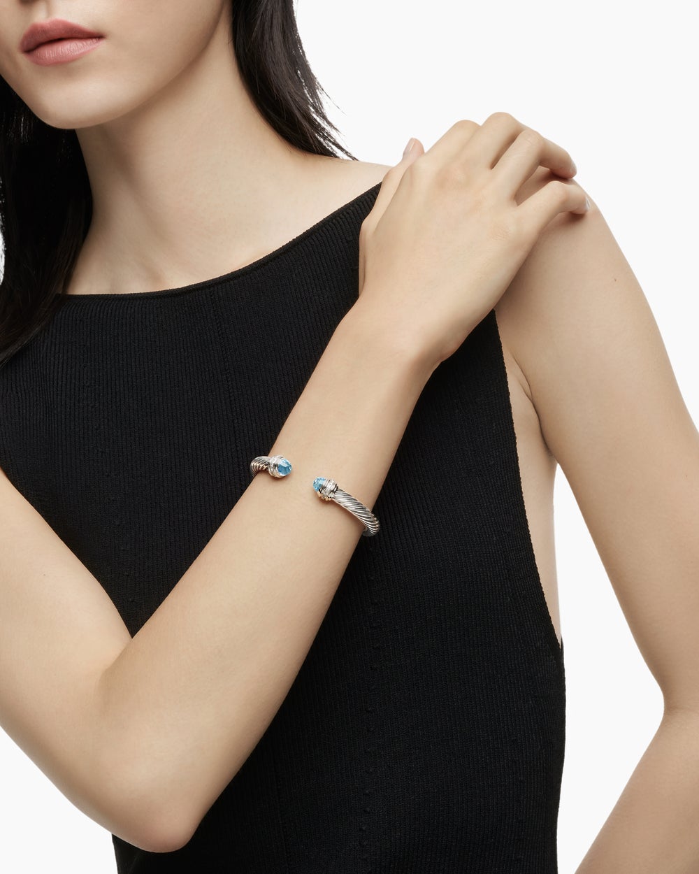 Womens Classic Cable Bracelet in Sterling Silver with Diamonds, 7mm