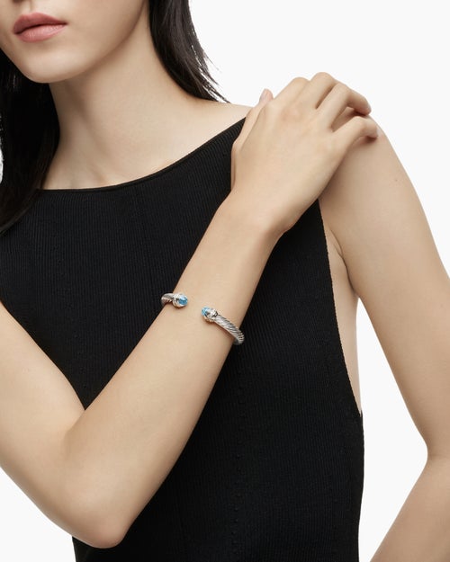 Womens Classic Cable Bracelet in Sterling Silver with Diamonds, 7mm