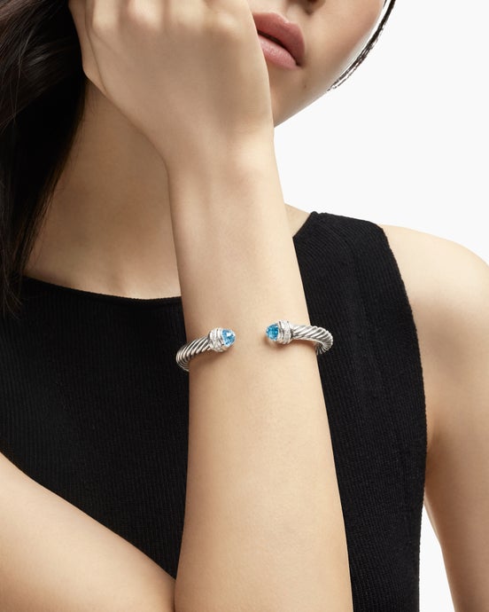 Classic Cable Bracelet in Sterling Silver with Blue Topaz and Diamonds, 7mm