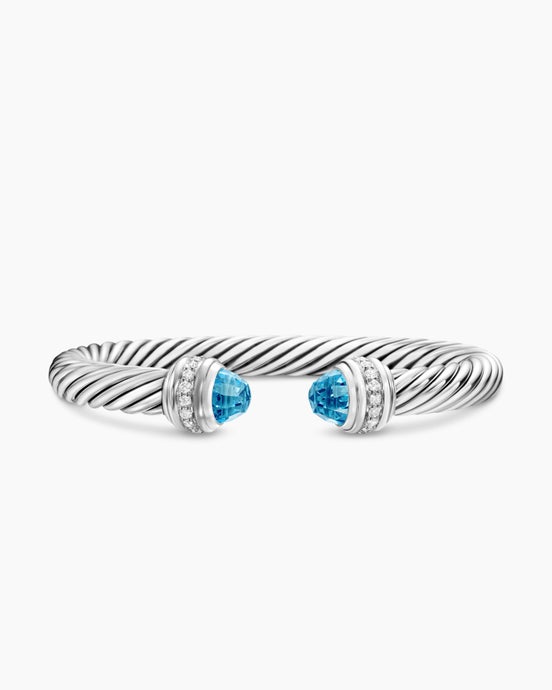Bracelet Classic Cable en argent massif avec topaze bleue et diamants, 7 mm