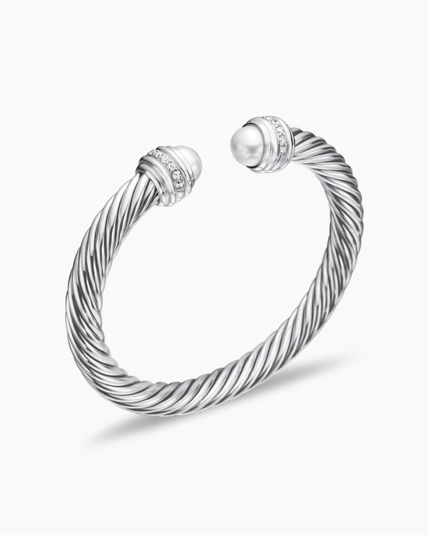 Classic Cable Bracelet in Sterling Silver with Diamonds, 7mm