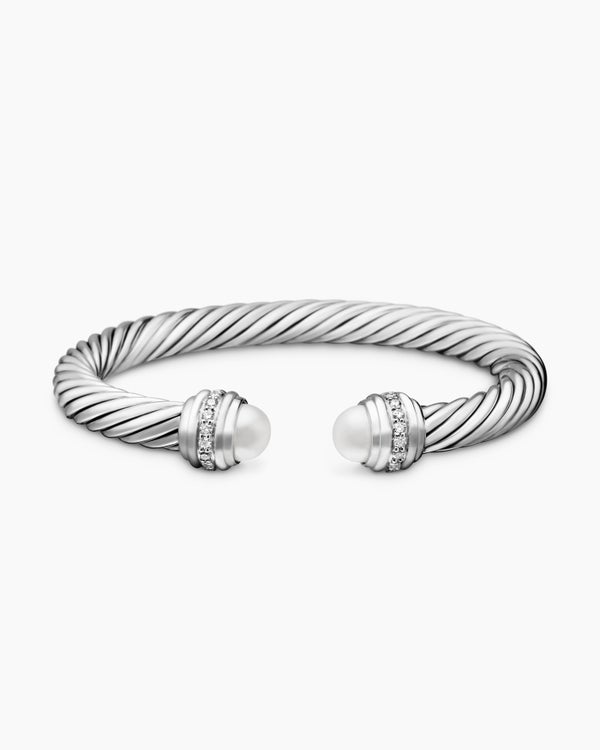 Classic Cable Bracelet in Sterling Silver with Diamonds, 7mm