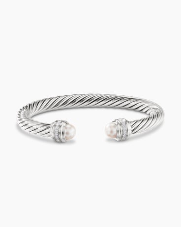 Classic Cable Bracelet in Sterling Silver with Pearls and Diamonds, 7mm