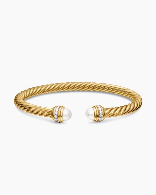 Womens Classic Cablespira® Bracelet in 18K Yellow Gold with Pearls and Diamonds, 5mm