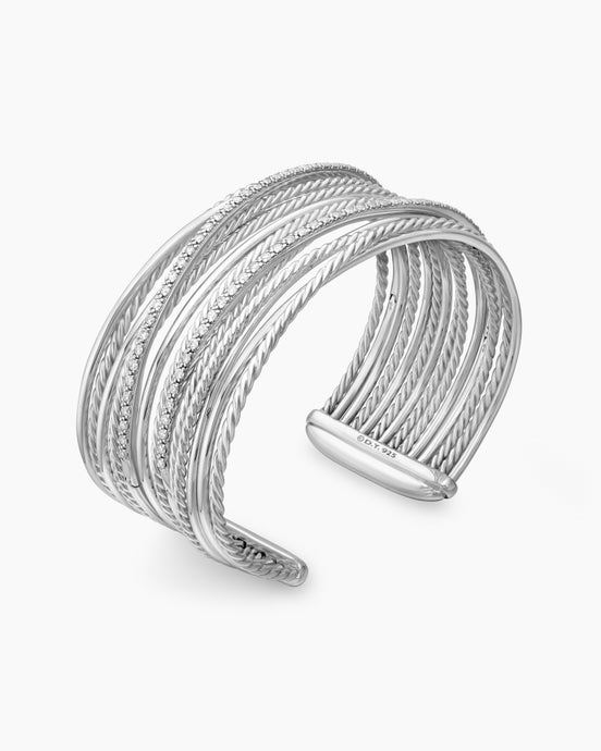 Crossover Cuff Bracelet in Sterling Silver with Diamonds, 27.5mm