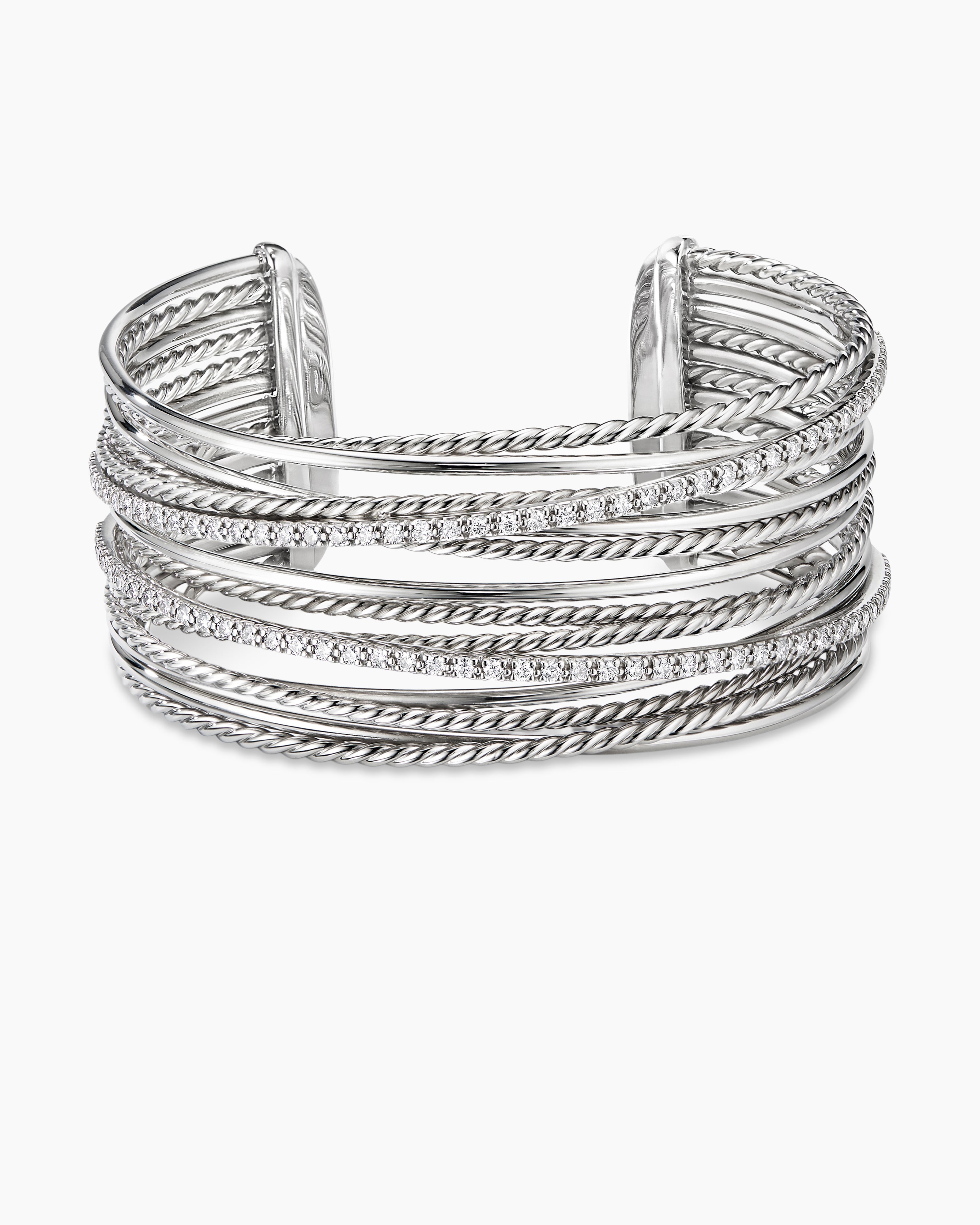 Crossover Buckle Two Row Bracelet in Sterling Silver with Pave Diamonds