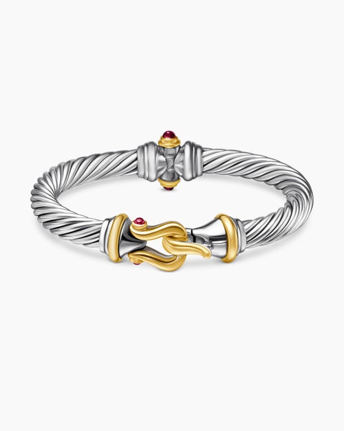 Womens Buckle Classic Cable Bracelet in Sterling Silver with 18K Yellow Gold and Rhodolite Garnets, 7mm