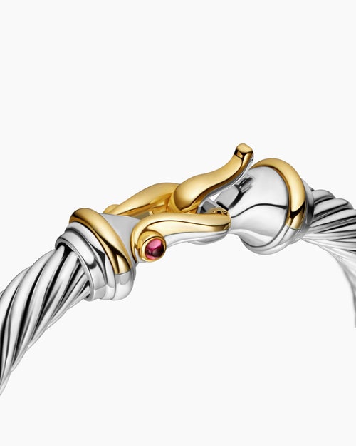 Womens Buckle Classic Cable Bracelet in Sterling Silver with 18K Yellow Gold and Rhodolite Garnets, 7mm