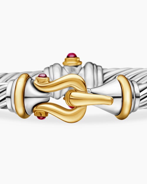 Womens Buckle Classic Cable Bracelet in Sterling Silver with 18K Yellow Gold and Rhodolite Garnets, 7mm