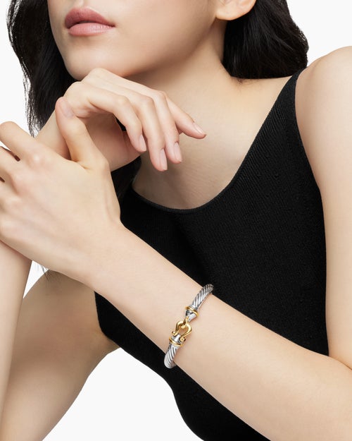 Womens Buckle Classic Cable Bracelet in Sterling Silver with 18K Yellow Gold and Rhodolite Garnets, 7mm