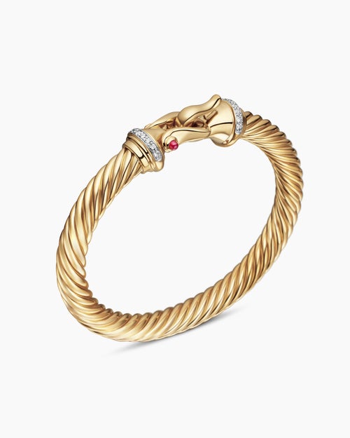 Womens Buckle Cablespira® Bracelet in 18K Yellow Gold with Rubies and Diamonds, 7mm