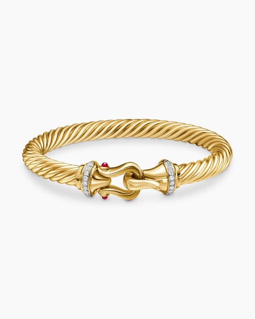 Womens Buckle Cablespira® Bracelet in 18K Yellow Gold with Rubies and Diamonds, 7mm