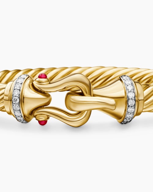 Womens Buckle Cablespira® Bracelet in 18K Yellow Gold with Rubies and Diamonds, 7mm