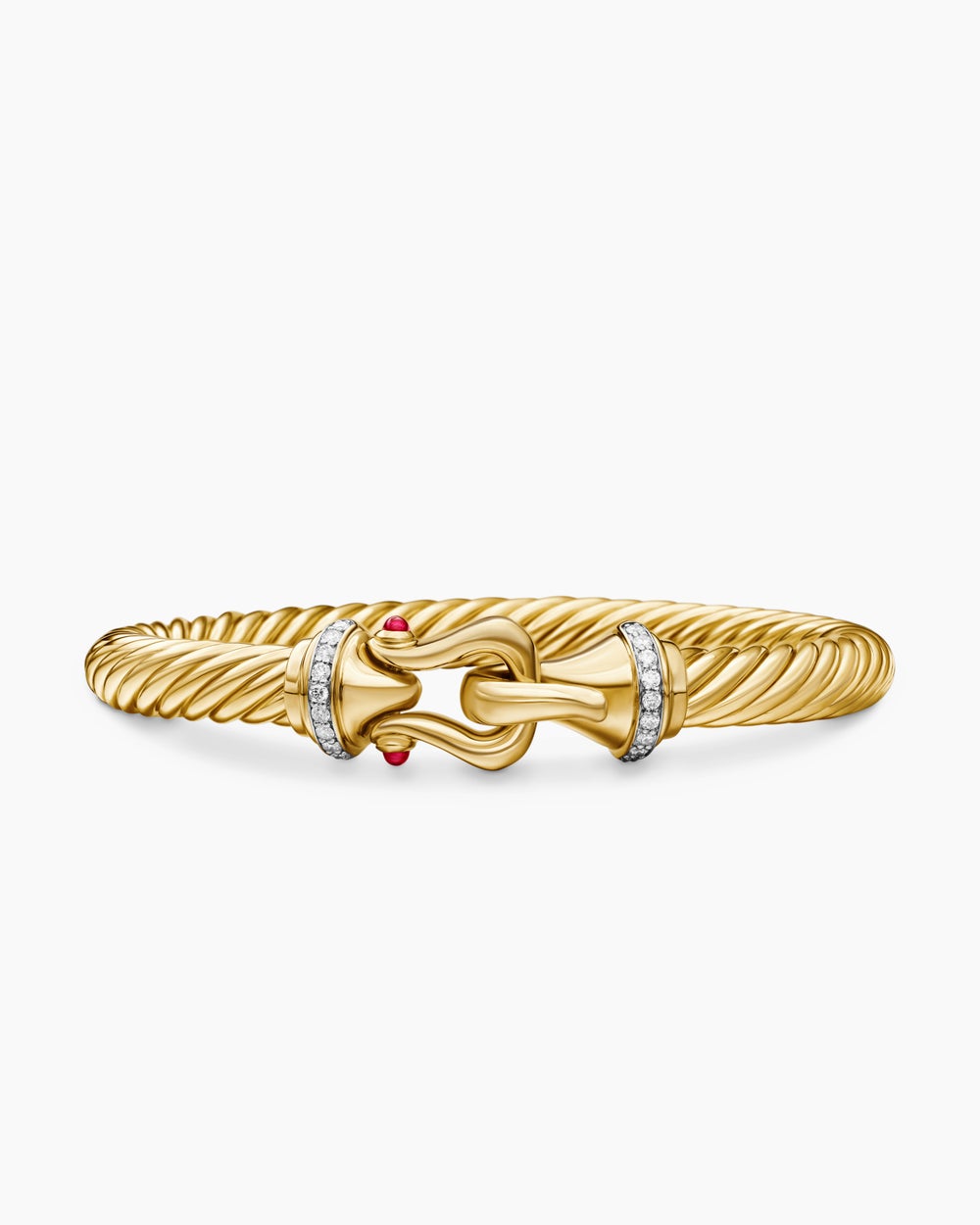 Womens Buckle Cablespira® Bracelet in 18K Yellow Gold with Rubies and Diamonds, 7mm