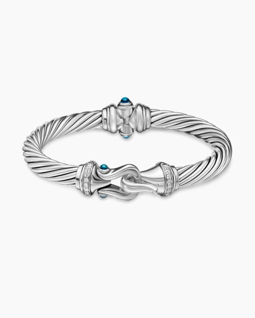 Womens Buckle Classic Cable Bracelet in Sterling Silver with Diamonds, 7mm