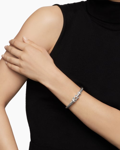 Womens Buckle Classic Cable Bracelet in Sterling Silver with Diamonds, 7mm